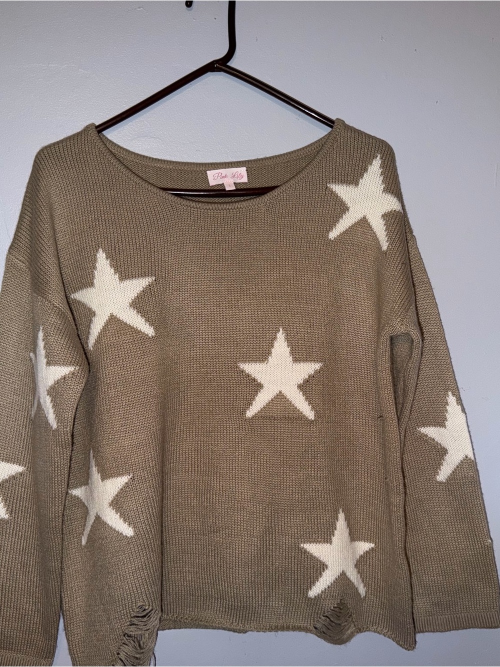 Pink Lily Taupe Star Crewneck Sweater with White Stars